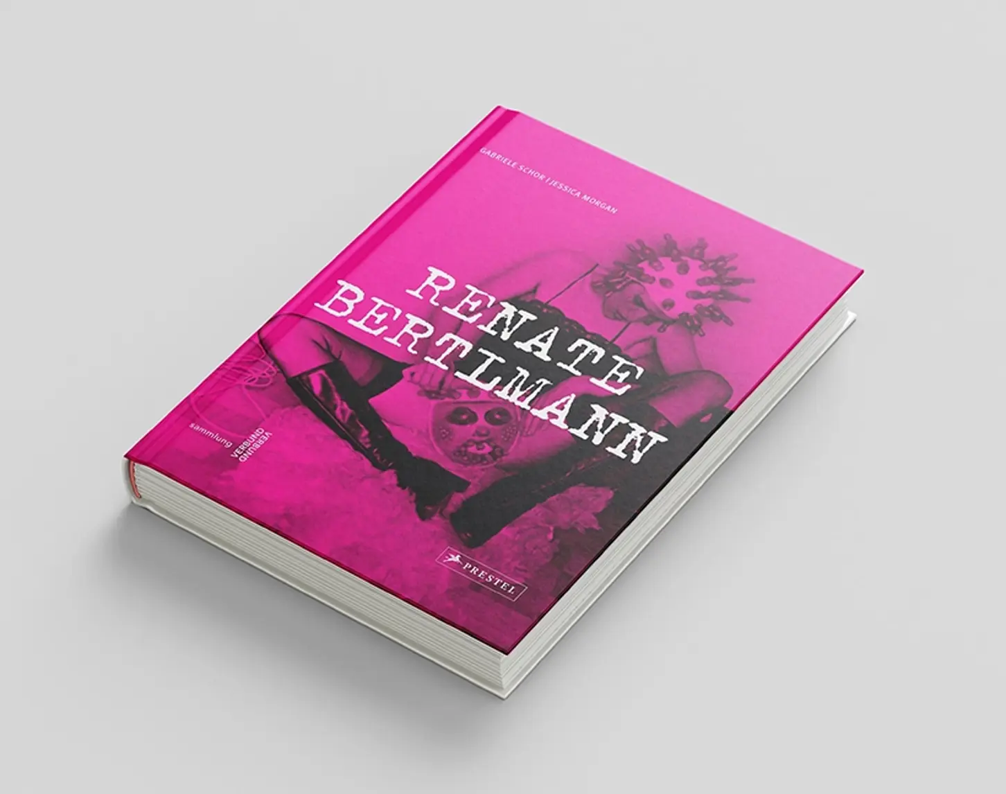 We see Renate Bertlmann's exhibition catalog from 2016. The cover shows an original black and white photograph of a woman on a bright pink background.