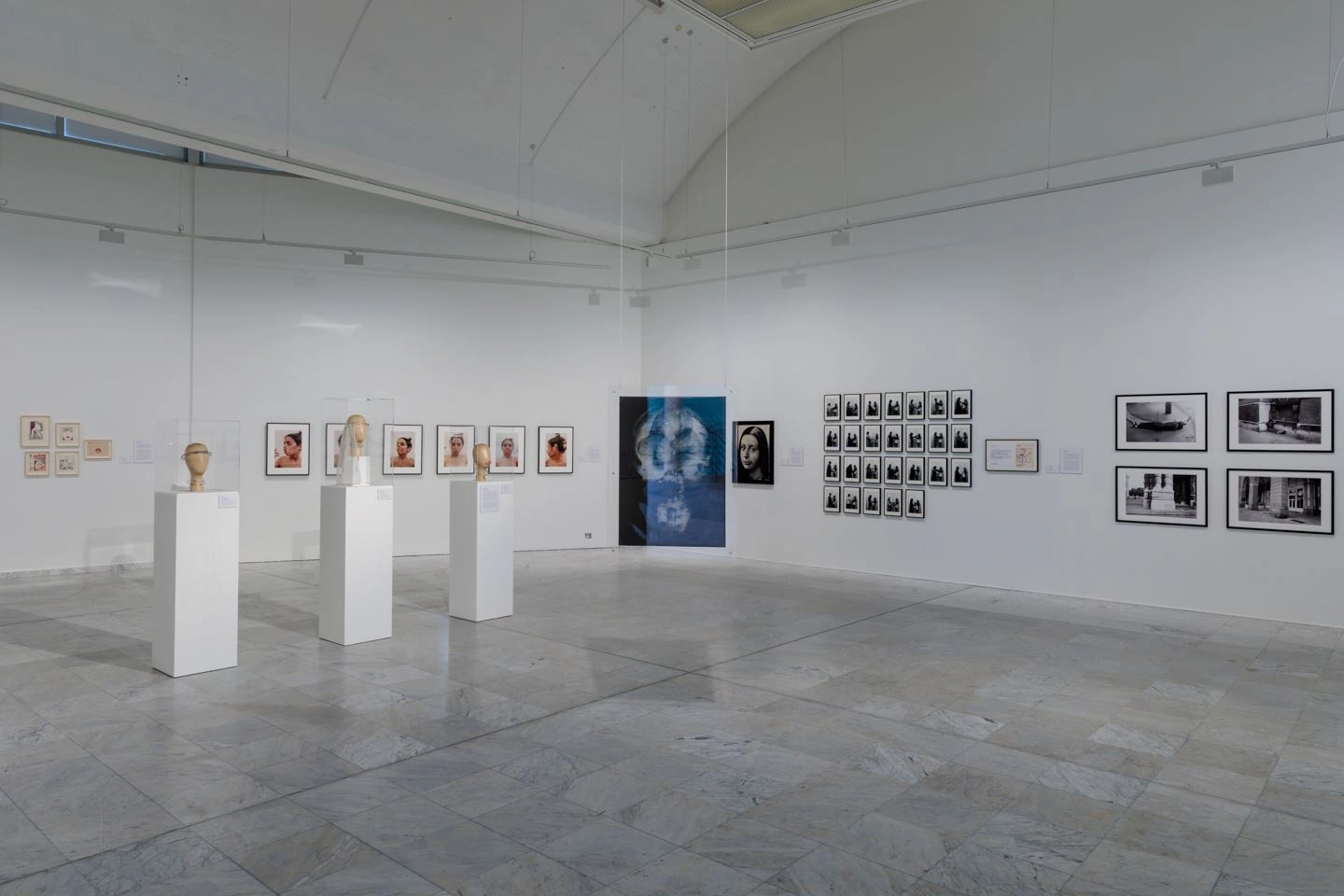 A close-up of a large exhibition room with white walls and grey floor is on display. Many photographs hang on the walls and there are also three showcases on a pedestal in the room. These show three wooden models of a head.