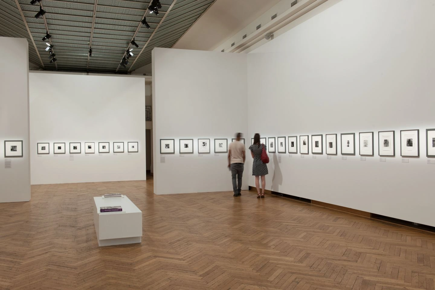 The image shows an exhibition room with a wooden floor and white walls, showing two visitors looking at a series of Bozar's artworks.