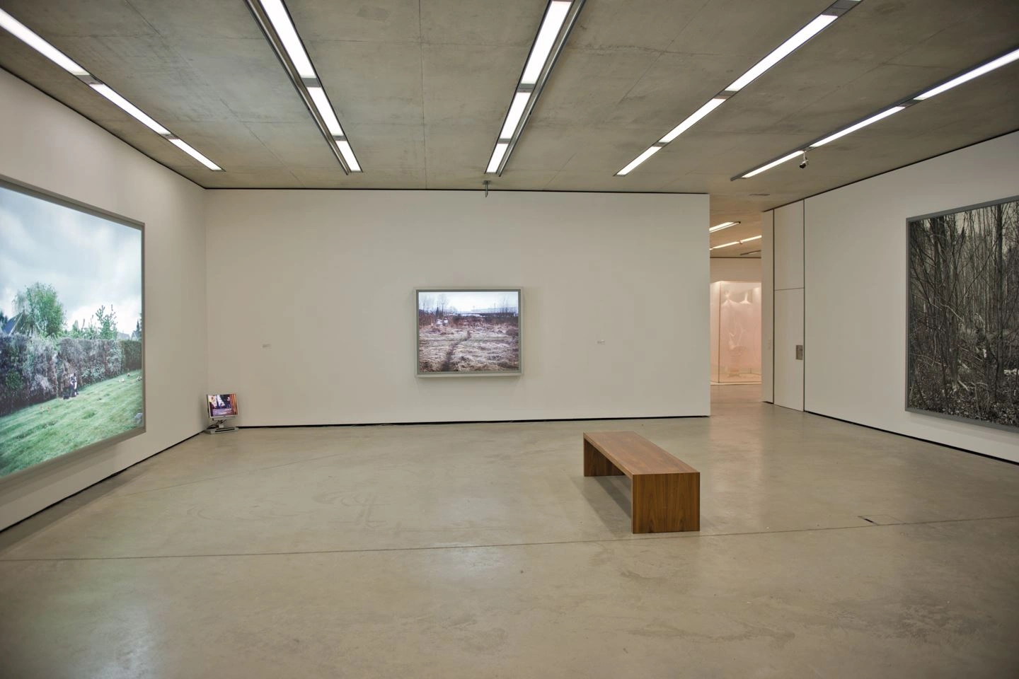 Modern art gallery featuring landscape paintings, a bench at the center of the room, accentuated by linear ceiling lights.