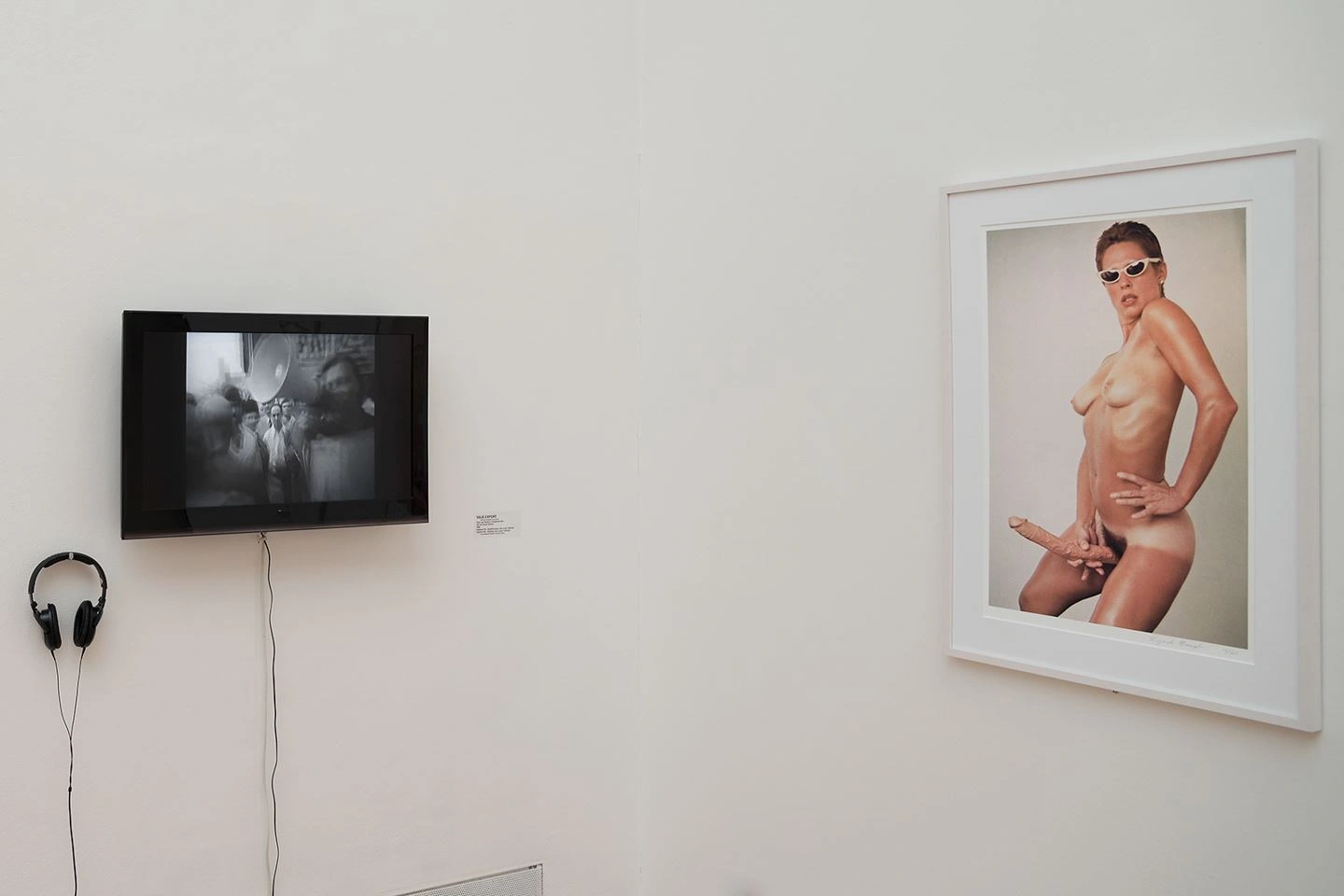 An einer Ausstellungswand ist links ein Monitor und Kopfhörer montiert. Ein Video wird abgespielt. Rechts ist eine Fotographie in Farbe an der Wand in einem weißen Rahmen.