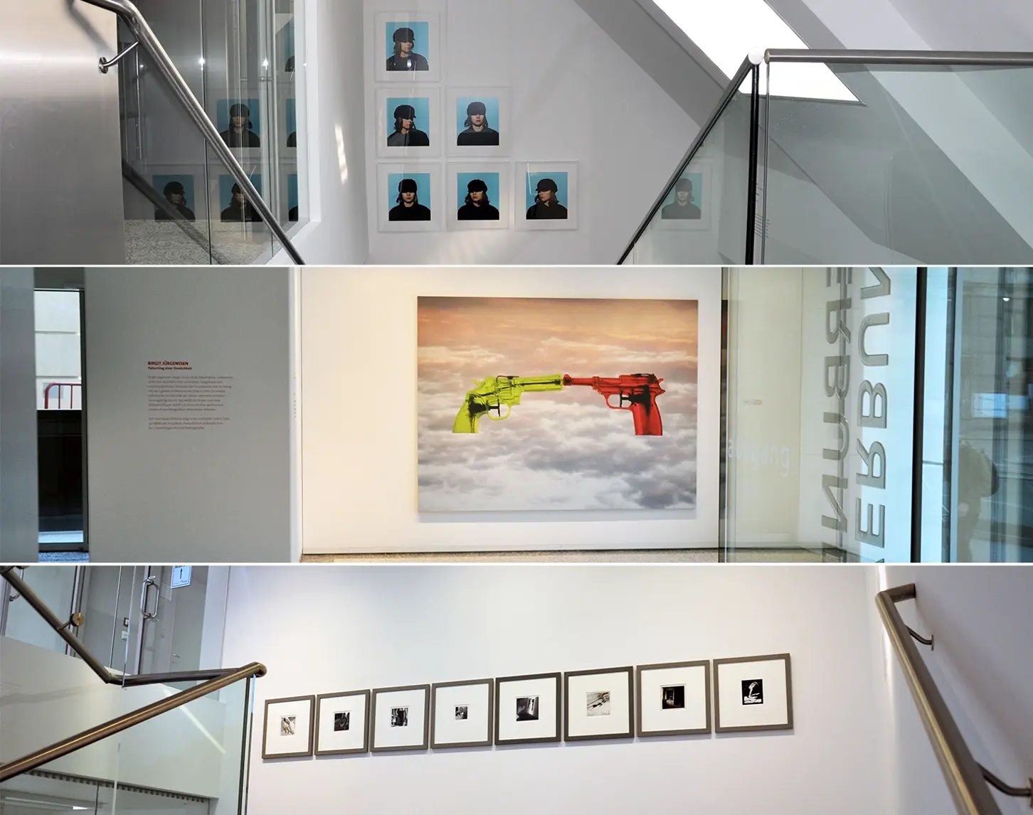 We see a compilation of three shots of the Vertical Gallery in a kind of collage. In each case, you can see bright rooms with works of art.