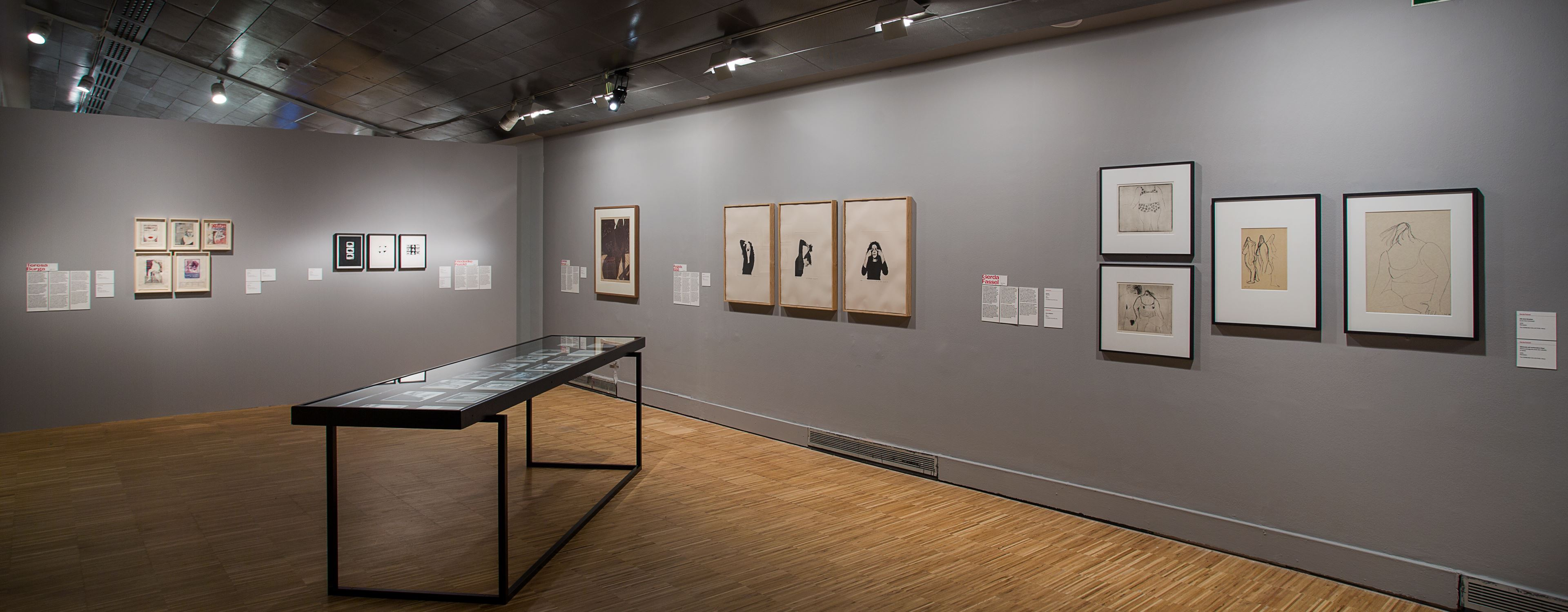 Cozy art gallery with light wooden flooring and gray walls, featuring a selection of framed drawings and photographs of varying sizes, lit by ceiling spotlights, and a glass showcase in the foreground presenting additional artworks and information.