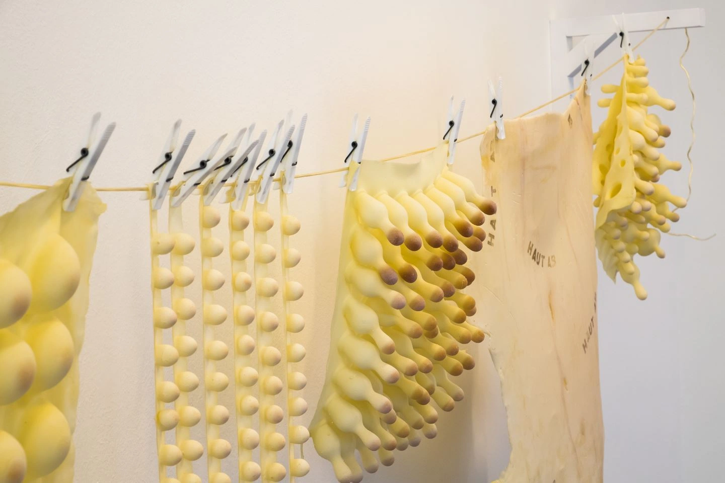 Artistic installation featuring several sheets of paper hung on a string with embossed circular patterns in an exhibition space.